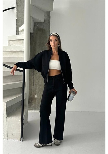 Neşeli Butik Kadın 3 İplik Şardonlu Oversize Eşofman Takımı Nbg105 Siyah