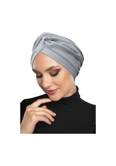 Çapraz Fitilli Penye Açık Gri Hazır Türban Tesettür Havuz Bonesi Açık Gri