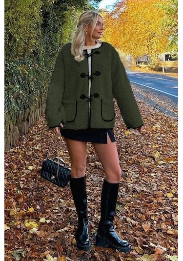 Madmext Haki Düğmeli Peluş Kadın Mont Mg2531 Haki