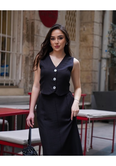 Kadın Yelekli Maxi Etekli Takım Siyah