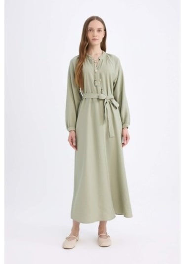 DeFacto Relax Fit Hakim Yaka Uzun Kollu Kuşaklı Maxi Elbise D7322AX25SPKH271