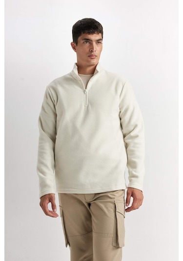 DeFacto Ekru Tüylenme Yapmayan Soğuk Geçirmez Regular Fit Dik Yaka Fermuarlı Polar Sweatshirt Y3996AZNSER117