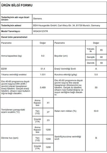 Siemens WG42A1ZXTR 1200 Devir 9 KG Çamaşır Makinesi