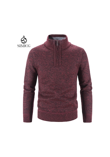 Sonbahar Ve Kış Örme Dik Yaka Basit Bol Artı Kadife Kalın Erkek Kazağı Kırmızı