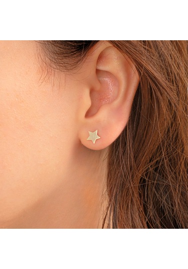 Altın Küpe - 14 Ayar Altın Minimal Yıldız Figürlü Küpe Sarı