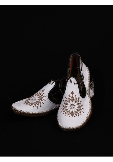 Ertay Deri El Yapımı Hakiki Deri Kadın Bağcıklı Yemeni Beyaz