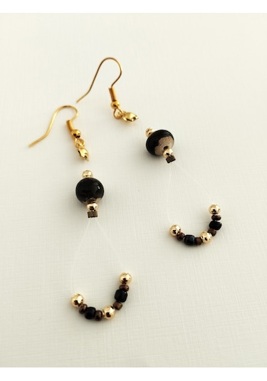 K205 Zarif Sallantılı Küpe Siyah&altın Sarısı Altın - Siyah