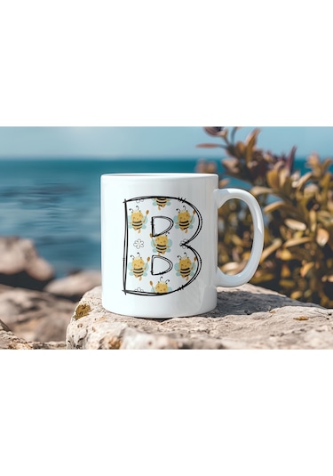B Harfi Arı Desenli Kupa - Sevimli Hayvan Temalı Kişiye Özel Kahve Kupası - Şans Kupası Beyaz