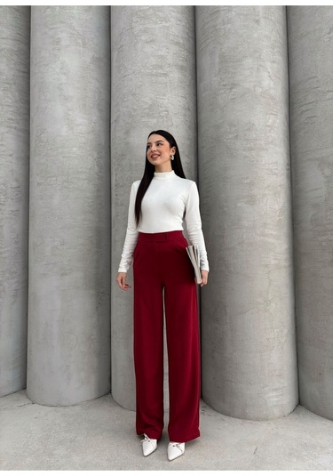 Kadın Likralı Cırt Kapama Lacivert Geniş Paçalı Rahat Palazzo Pantolon Bordo