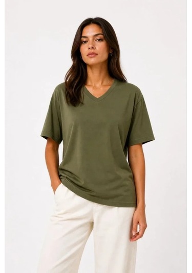 Defymoda V Yaka Basic Tişört Kısa Kol Yazlık Regular Fit T-shirt - Haki