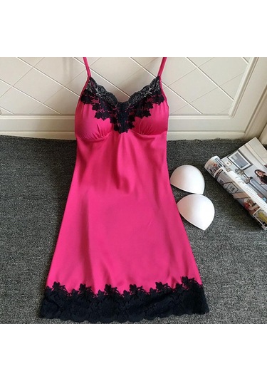 Saten Pijamalar Kadın Bayan Kıyafeti Gecelik Seksi İç Çamaşırı Göğüs Pedleri İle Pembe