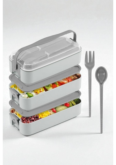 İronika 1260 Ml 3 Katlı Kapaklı Çatal Bıçaklı Beslenme Kutusu Lunch Box Beslenme Kabı - Gri Gri