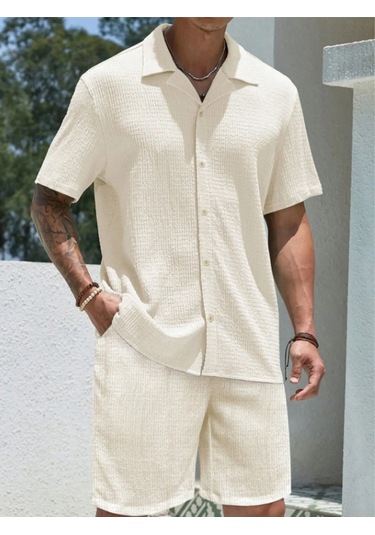 Alaçatı Stili, Erkek, Bürümcük, Krinkıl Kumaş, Yazlık Likralı Gömlek, Ve Şort Jogger Takım, Kombini Beyaz - Gri