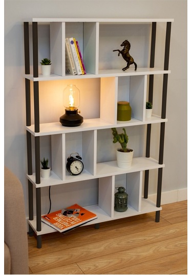 Yüksek Kalite 5 Raflı Kitaplık Ahşap Ayaklı Klasörlük Mutfak Rafı Çok Amaçlı Düzenleyici Raf Beyaz Siyah