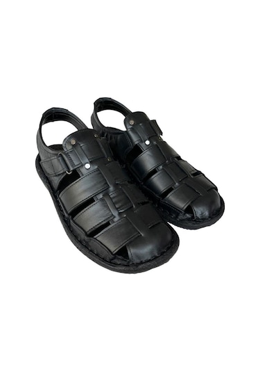 Erkek Hakiki Deri Cırtlı Sandalet Siyah-füme-siyah - Füme Siyah - Füme