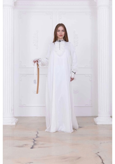 Yaka Fırfırlı Boncuk İşlemeli Şifon Abiye 2716-ekru Ekru