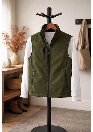 Vatan Tekstil Dik Yaka Slim Fit 3 Cepli Softshell Erkek Yelek Su İtici Kumaş Haki