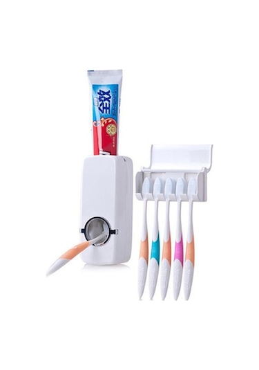Banyo Duvara Montaj Rafı Otomatik Diş Macunu Dispenseri Fırça Tutucu Beyaz