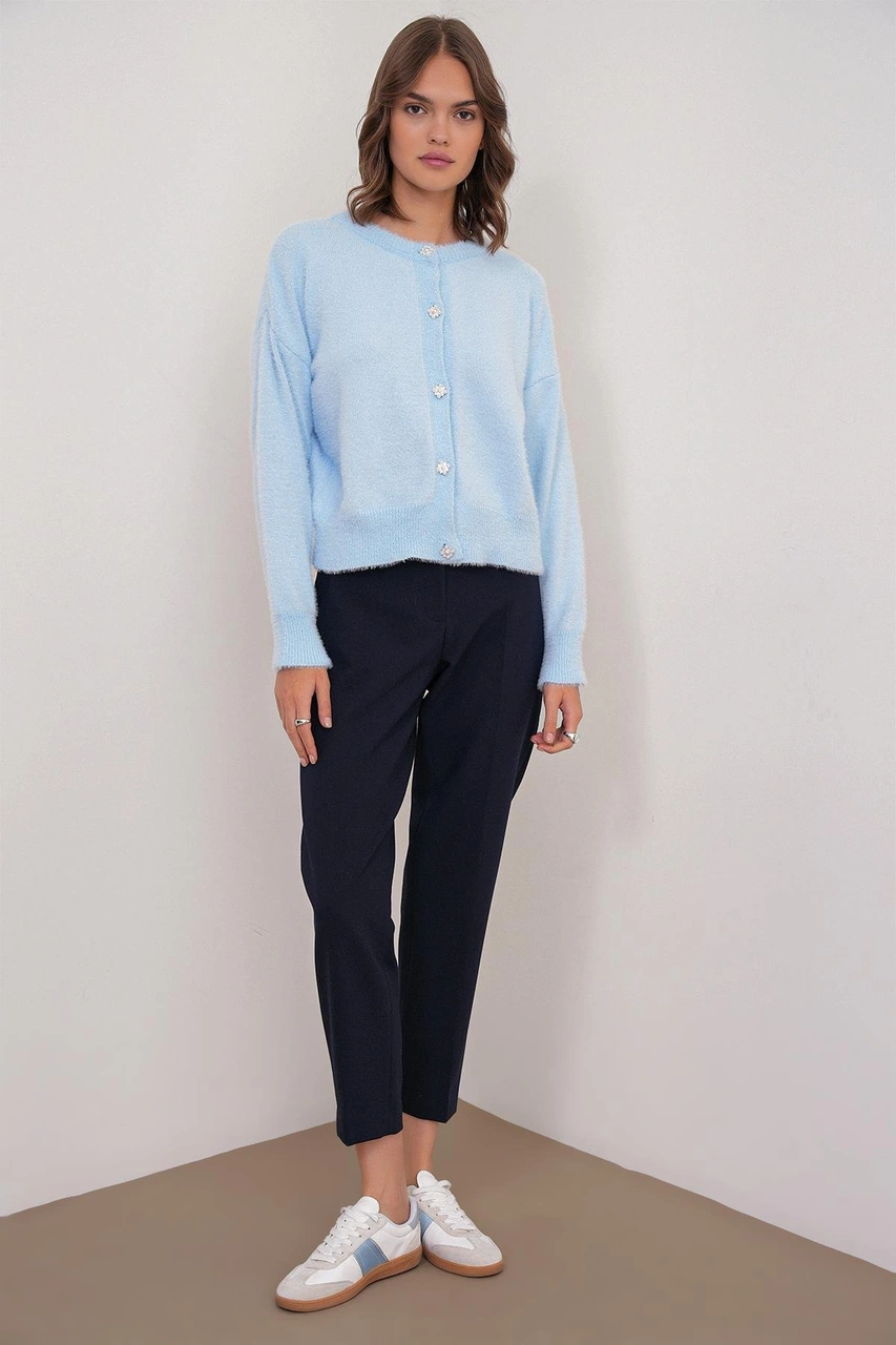 6902 Kadın Sakallı Basic Yumuşak Dokulu Triko Hırka Bebe Mavi Bebe Mavi