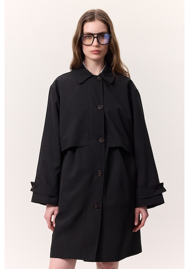 Bel Ayarlamalı Hafif Trençkot Siyah Siyah