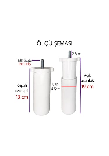 8 Adet Ayarlı Destek Ayağı 13 X 19 Cm Beyaz Gizli Ayak Mobilya Kanepe Baza Koltuk Dolap Tv Ünitesi