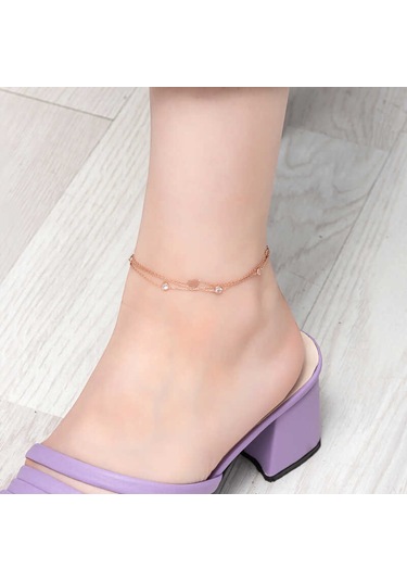 Blackcraft Gümüş Rose Çift Zincirli Kalp Zirkon Taşlı Halhal Bc-a42a5d Renkli