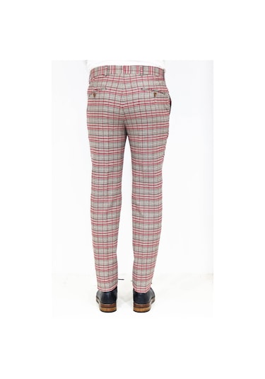 Wessi Kırmızı Ekose Desenli Slim Fit Gri Erkek Pantolon Gri
