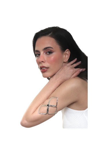 Labalaba Kadın Lak Gümüş Kaplama Siyah Doğaltaşlı Ayarlanabilir Pazu Bandı, Üst Kol Aksesuarı Gümüş