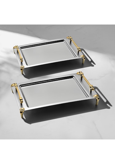 Verona Ayaklı 2'li Altın Saten Çelik Tepsi Seti