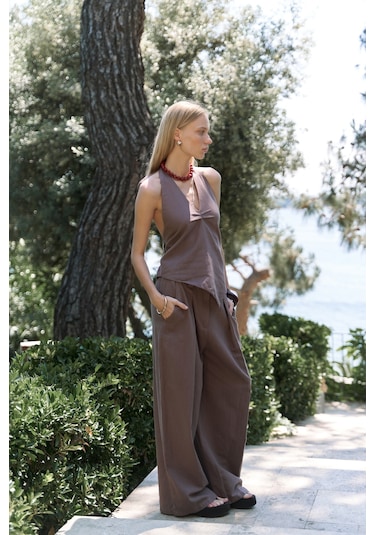 Mai Collection Mai Studios Co. Alidah Pileli Açık Kahve Bol Paça Pantolon Kahve