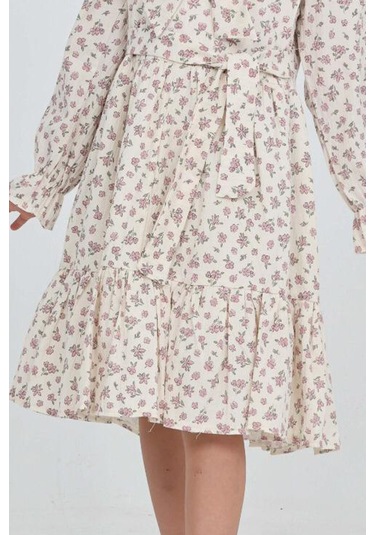 Kız Çocuk Fiyonk Yakalı Bel Kuşaklı Çiçek Desenli Kloş Etekli Elbise 12301 Pudra