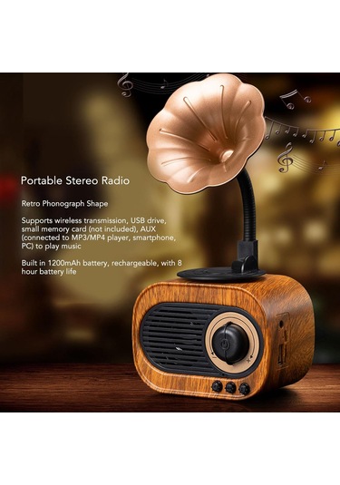 Bukrem Store Retro Ahşap Görünümlü Gramofon Bluetooth Hoparlör Vintage Tasarım, Kablosuz Müzik Keyfi, Şarjlı Mini Gramofon