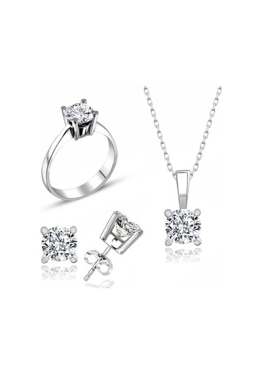 Sertifikalı Swarovski Taş Altın Modeli Tek Taş 925 Gümüş Set Takı