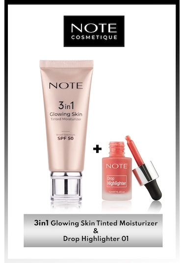 Note Cosmetics 3 in 1 Glowing Skin Tinted Işıltılı Krem SPF50 + Drop Highlighter 01 Likit Aydınlatıcı