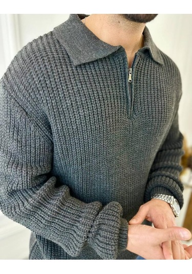 Kazak Oversize Tüylenmez Naturel Pamuk Fermuarlı Polo Yaka Örme Triko Kazak Füme