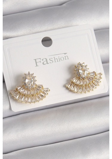 Pirinç Gold Renk Zirkon Taşlı Yelpaze Model Kadın Küpe Çok Renkli