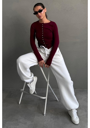 Ekru Geniş Paça Rahat Kalıp Lastikli Eşofman Altı Mg2581 Ekru