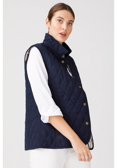 Desen Kolsuz Kapitone Yelek - Minimalist Oversize Günlük Lacivert