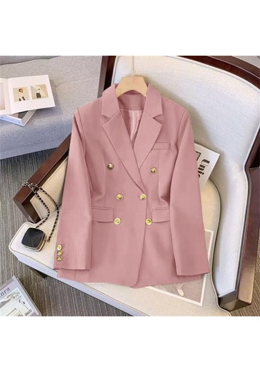 Kadın Blazer Ol Tarzı İşe Gidip Gevşek Düz Renk Kruvaze Uzun Kollu Yaka Çentik Yaka Cepler Resmi İş Ceket Pembe