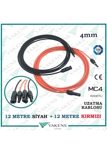 Güneş Paneli Uzatma Kablosu 12m+12m 4mm Çift Taraflı Mc4 Soketli Solar Ara Kablo Siyah Kırmızı