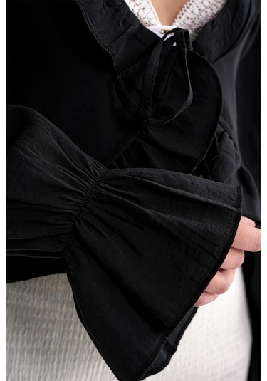 4712 Kadın Volanlı Modal Bolero Bluz Siyah Siyah
