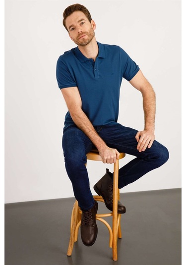 Erkek Marin Modernfit / Dar Kalıp Polo Yaka Tişört-3974 Marin