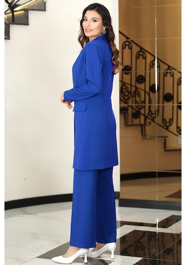 Parla Uzun Ceket Pantolon İkili Tesettür Takım Saks Saks