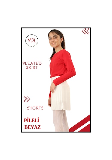 Kız Çocuk Pilel Ekru / Beyaz Etek Yüksek Bel Içi Şortlu Likra Kumaş Okul-oyun-spor-etkinlik Eteği 4103 Ekru/ Beyaz