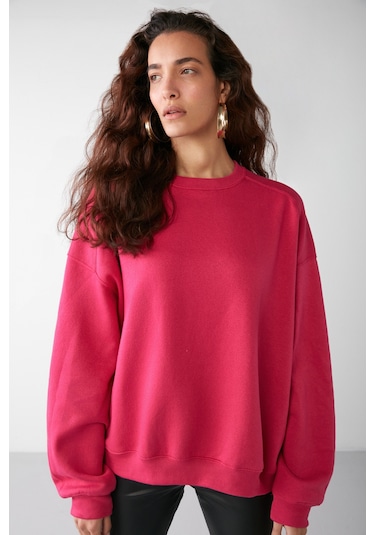 VANELTINA  Kadın Bisiklet Yaka İçi Polarlı Oversize Fit Basic Pembe Sweatshirt