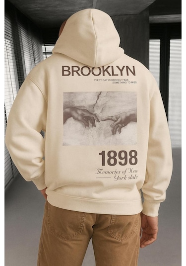 Benroma 3 İplik Penye Brooklyn Baskılı Sweatshırt Bej