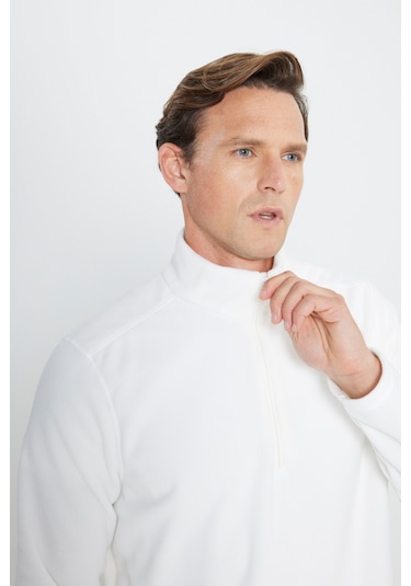 AC&Co / Altınyıldız Classics Anti-Pilling Tüylenme Yapmayan Bato Yaka Erkek Polar Sweatshirt Beyaz