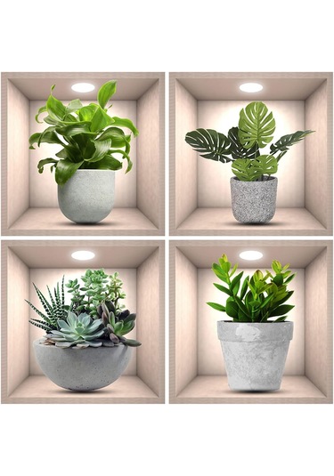 Geekyou 3d Yeşil Bitki Duvar Sticker, 4 Adet, Vinyl, Su Geçirmez, Kolay Uygulama, 30x30cm, Çeşitli Yüzeyler İçin, Mutfak/oda Dekorasyonu Çok Renkli