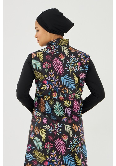 Tam Kapalı Tesettür Mayo Deniz Mayosu Renkli Çiçekler Td21-249 Siyah Siyah