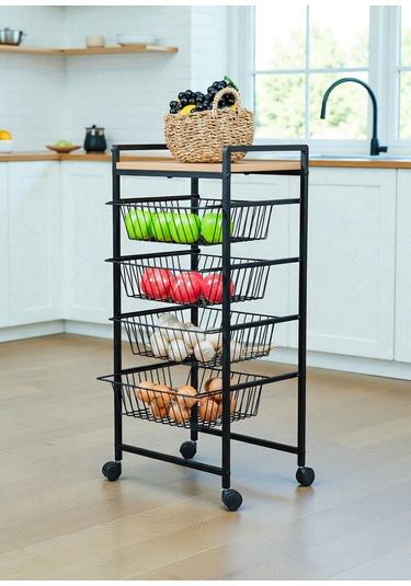 Dekoratif Tekerlekli Metal Sebzelik 4 Tel Sepetli Çam Ahşap Raflı Çok Amaçlı Stand Siyah